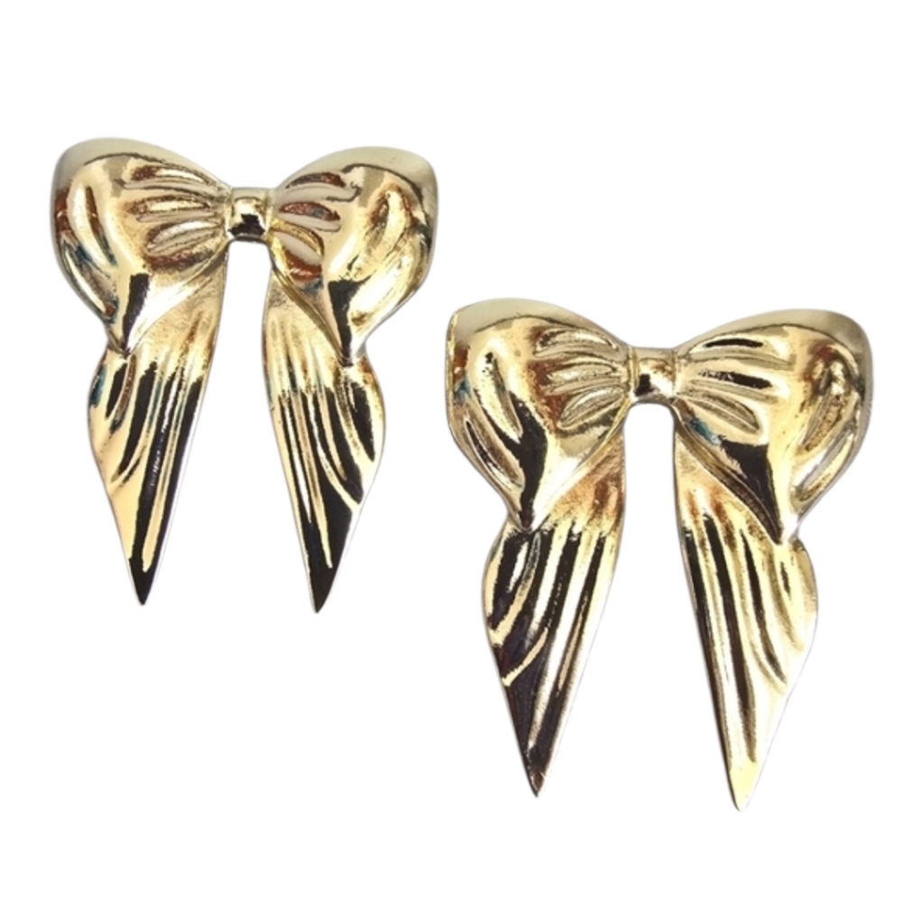Gold Bow Ribbon Dangle Post Earrings